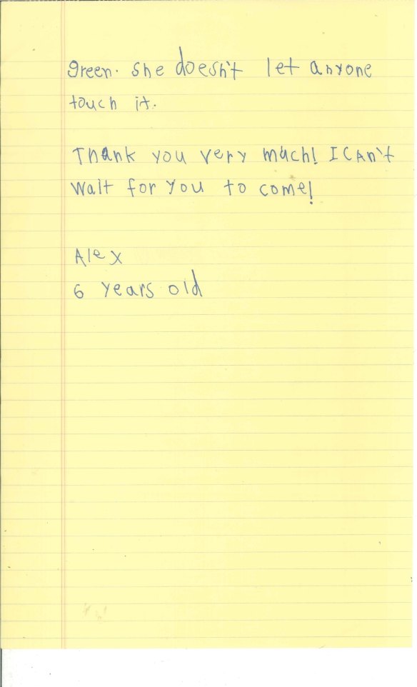 The letter from six-year-old Alex to US President Barack Obama offering to house Syrian boy Omran Daqneesh.