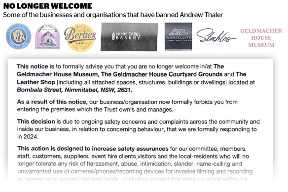 An excerpt from one of the banning notices sent to Thaler.