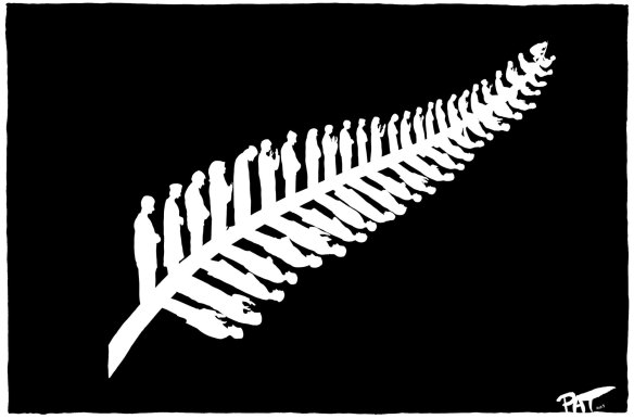 Pat Campbell''s moving cartoon depicting 50 Muslims in various stages of prayer, representing the 50 victims of the Christchurch massacre.