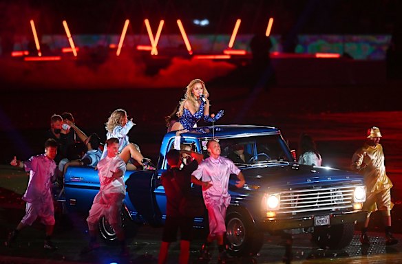 SMH NEWS. Rita Ora performs during the 43rd Sydney Gay and Lesbian Mardi Gras Parade at the Sydney Cricket Ground (SCG) in Sydney. 6th March 2021. Photo:Â Steven SaphoreÂ / SMH