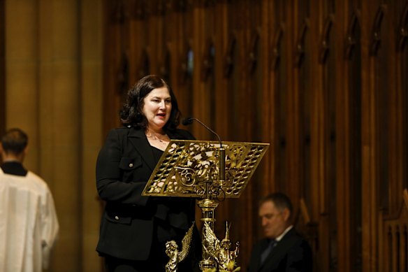Daughter Justine Butler speaks at the State Funeral for her mother, the Honourable Susan Maree Ryan AO held at Saint Mary's Cathedral in Sydney.