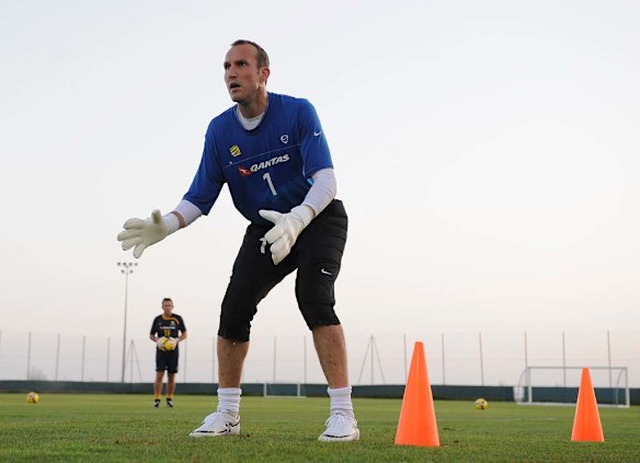 Mark Schwarzer during a Socceroos training session in Dubai in 2009.