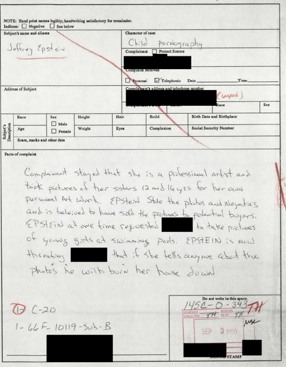 The FBI log of a complaint made by Maria Farmer.