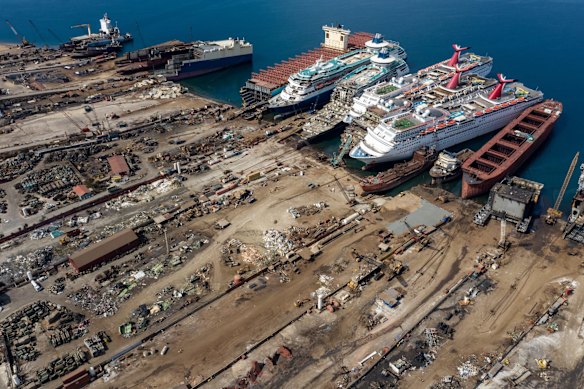 Five cruise ships are seen being broken down for scrap metal at the Aliaga ship recycling port in Izmir, Turkey. With the global coronavirus pandemic pushing the multi-billion dollar cruise industry into crisis, some cruise operators have been forced to cut losses and retire ships earlier than planned. The crisis however has bolstered the years intake of ships at the Aliaga ship recycling port with business up thirty percent on the previous year.  