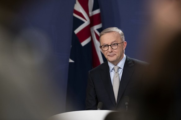 Labor leader Anthony Albanese holds a press conference in response to the Prime Minister's announcement of the federal election on May 21.  