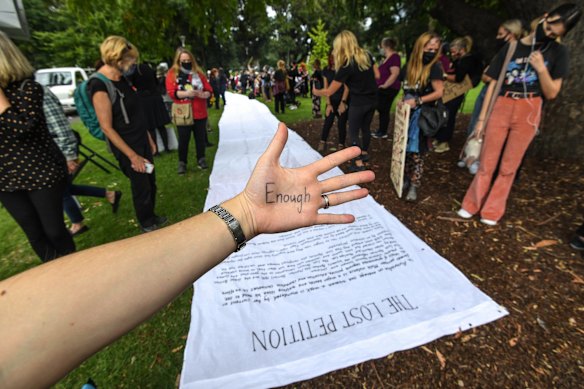 Women rally against the governments reaction to alleged sexual assault against women by politicians and political staffers and the toxic masculinity that is said is exist at Parliament house.
A list of over eight hundred names of women and children killed in domestic violence since 2008.