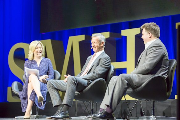The Sydney Morning Herald editor Lisa Davies with Peter Hartcher and Nick O'Malley at the SMH Live Year in Review subscribers event at The Star, Sydney, on Monday, November 20, 2017.