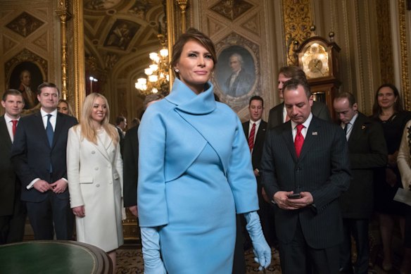 The only human woman who could pull off this head-to-toe blue colour and not be compared to a Smurf is Melania Trump.