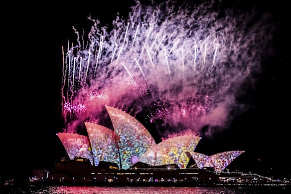 The Sydney Opera House sails are lit up for the opening night of Vivid 2022. 