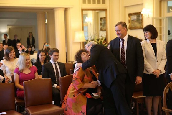 Prime Minister Kevin Rudd and Governor General Quentin Bryce at Government House after he was sworn in with Deputy Prime Minister Anthony Albanese and Treasurer Chris Bowen in Canberra on Thursday 27 June 2013.