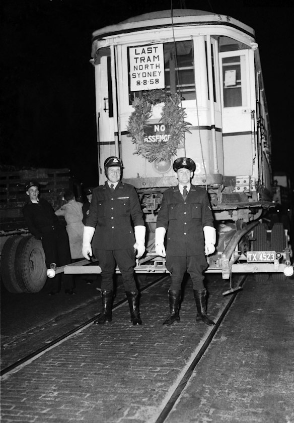 The North Sydney tram, the last tram to cross the Sydney Harbour Bridge, is farewelled on 8 August 1958. 