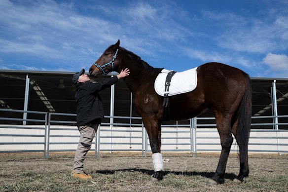 Retired serviceman Max Streeter, who suffers from PTSD, interacts with Vashka, a retired racing horse, as part of a equine therapy program run by Racing NSW in Capertee, NSW.