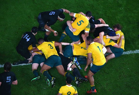 Rolling: David Pocock scores for the Wallabies.