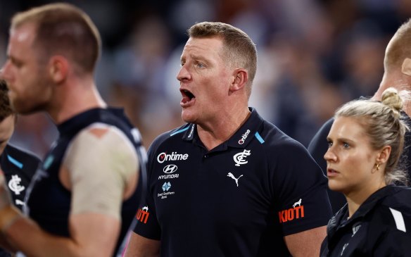 All over: It was rugged night for Blues coach Michael Voss.