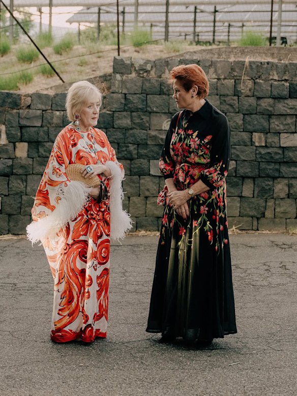 Pauline Hanson, right, at a Dolce and Gabbana fashion show in Italy. She is with jewellery designer Margot McKinney.