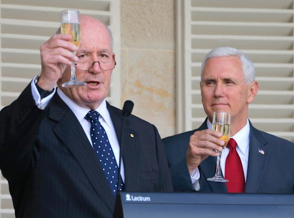 U.S. Vice President Mike Pence, right, and Australian Governor General Peter Cosgrove toast during a lunch reception for Australian and U.S. military servicemen and women at Admiralty House in Sydney.