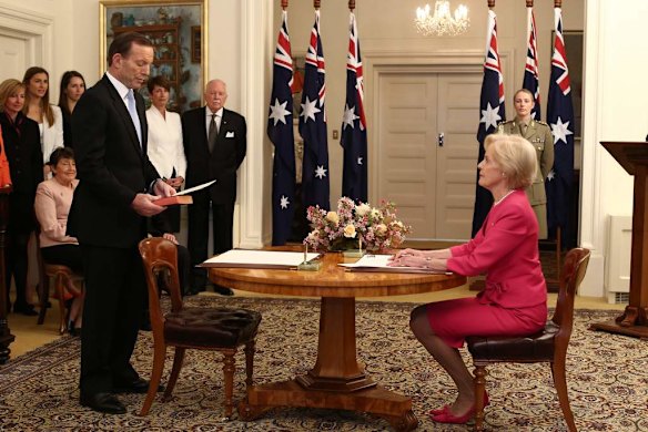 Tony Abbott is sworn in as Australia's 28th Prime Minister by Governor-General Quentin Bryce at Government House in Canberra.