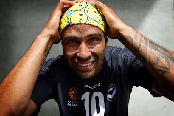 A good cause: Posing with a bandana in support of kids with cancer.