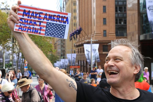 James Coy from Wisconsin USA living in Paddington at the March for Science Sydney rally in Martin Place.