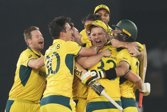 Party time: Australia reacted with joy after claiming a sixth World Cup with a superb performance against India.