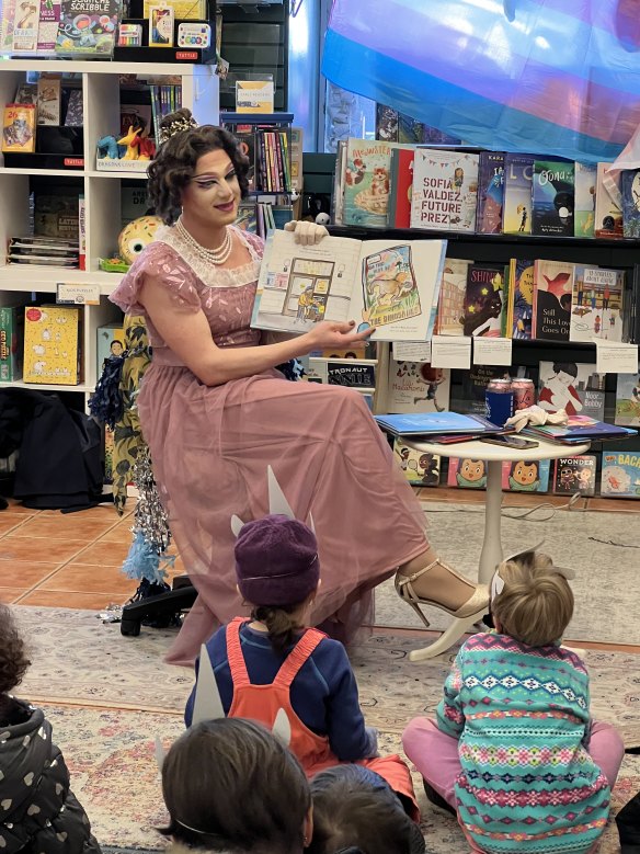 Drag queen Charlemagne Chateau reads to children at a Drag Queen Story Hour event in the US state of Maryland.