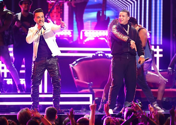 Luis Fonsi (left) and Daddy Yankee perform <i>Despacito</i> at the 60th annual Grammy Awards.