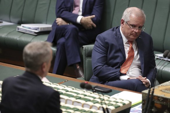 Shadow NDIS Minister Bill Shorten and Prime Minister Scott Morrison during Question Time at Parliament House in Canberra.