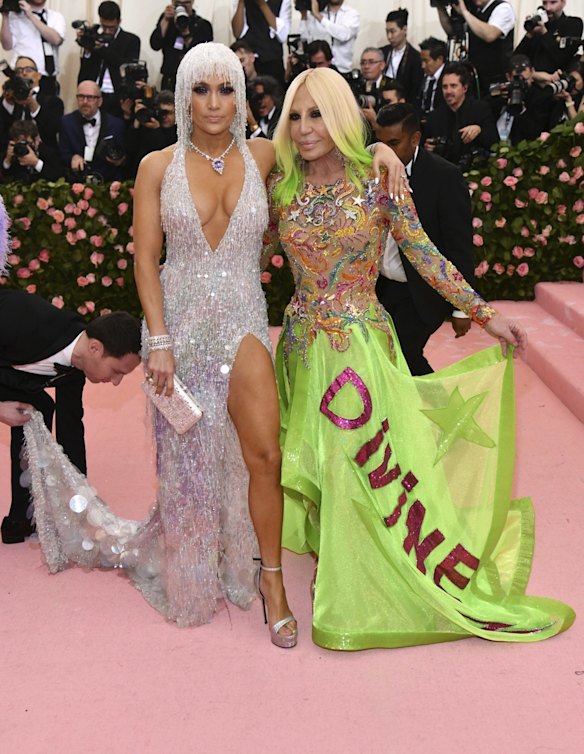 Jennifer Lopez, left, and designer Donatella Versace attend The Metropolitan Museum of Art's Costume Institute benefit gala celebrating the opening of the "Camp: Notes on Fashion" exhibition on in New York.