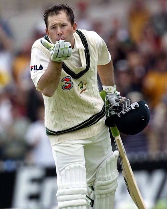 Ricky Ponting blows a kiss to his wife Rianna as he scored a double century against India at Adelaide Oval in December 2003.