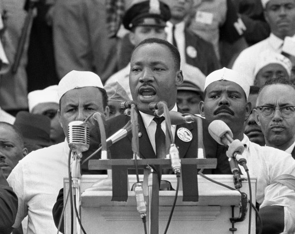 In this Aug. 28, 1963, file photo, Dr. Martin Luther King Jr. addresses marchers during his “I Have a Dream” speech at the Lincoln Memorial in Washington.