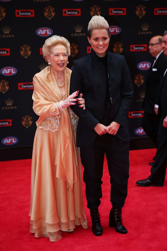 Collingwood AFLW player Moana Hope (R) and Susan Alberti pose on the red carpet ahead of the 2016 AFL Brownlow Medal count at Crown Palladium on September 26, 2016 in Melbourne, Australia.