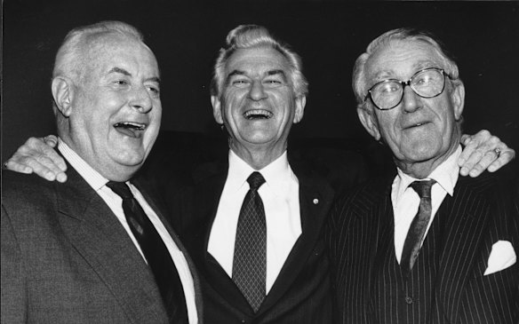 Former Prime Ministers Gough Whitlam, Bob Hawke and Malcolm Fraser appear together on June 29, 1992 for the 100th episode of Face the Press on SBS Television. 

