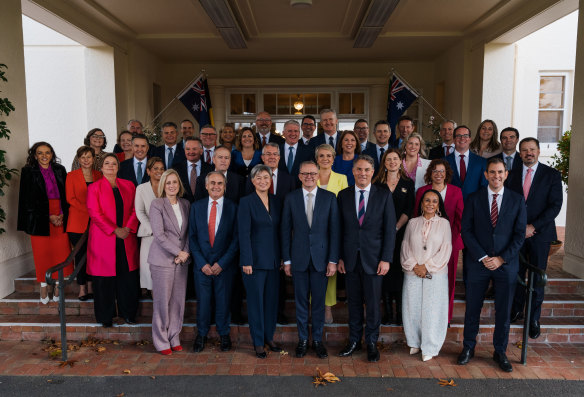 Prime Minister Anthony Albanese with his ministry which was sworn in at Government House, Canberra, on Wednesday.