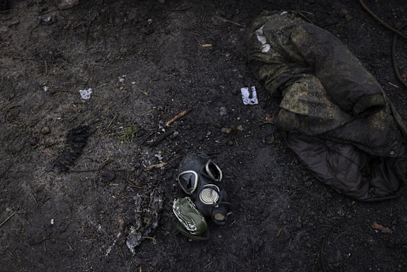 A destroyed mask and other gear left at the site where as many as nine Russian tanks and armoured vehicles were destroyed on a forest road west of Kyiv. A short drive from Kyiv in any direction turns up scenes of incinerated Russian vehicles, charred engine parts and chunks of armour.