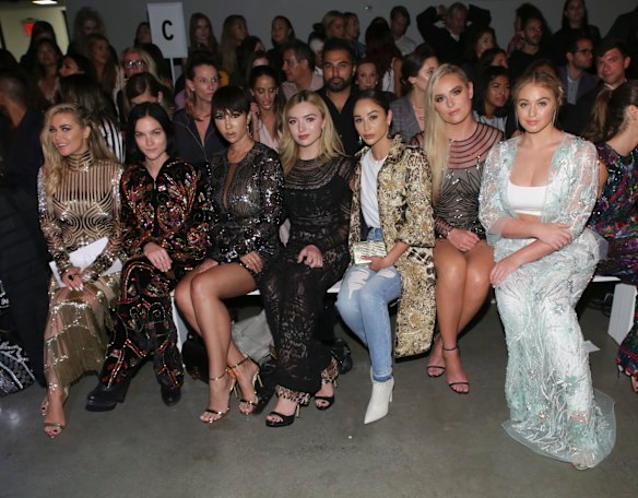 Carmen Electra, from left, Leigh Lezark, Jackie Cruz, Peyton List, Cara Santana, Lindsey Vonn and Iskra Lawrence attend the Naeem Khan Runway Show held at Spring Studios.