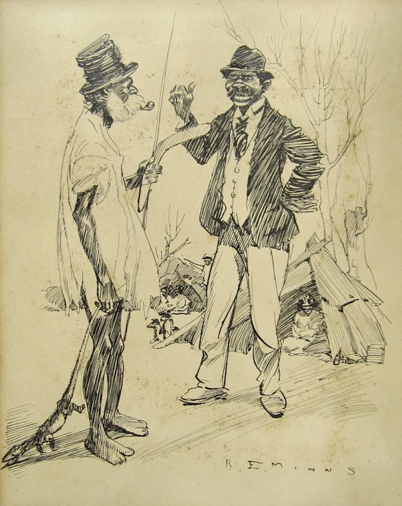 'Me and the Missus is askin' a few friends round this evnin'. Will yer come? Never mind about dollin' up. Jest as you are will do! Illustration by B.E. Minns, 1913.