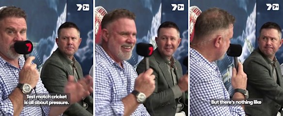 Commentator Matthew Hayden debuts his new hair with his on-air partner and former captain Ricky Ponting in the Channel 7 commentary box.