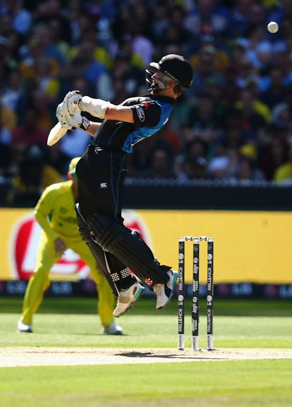 MELBOURNE, AUSTRALIA - MARCH 29:  Kane Williamson of New Zealand jumps as he evades a bouncer during the 2015 ICC Cricket World Cup final match between Australia and New Zealand at Melbourne Cricket Ground on March 29, 2015 in Melbourne, Australia.  