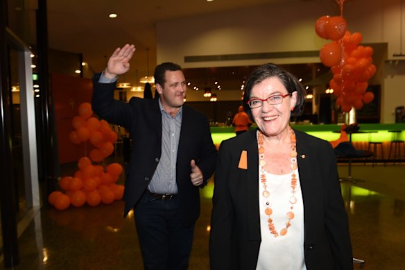 Marty Corboy, Nationals, waves good bye after congratulating Cathy McGowan in Wangaratta, Vic.