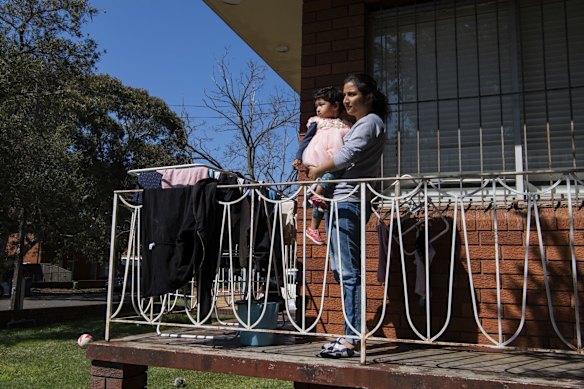 Aarush and Aabhaya playing out the front of their apartment in Campsie, which has been under harsher lockdown restrictions.