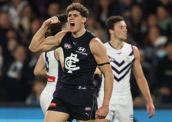 Charlie Curnow is central to the Blues’ plans to topple a surging Geelong at the MCG on Saturday.