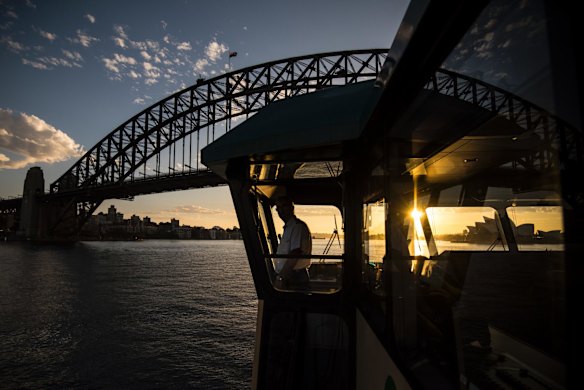Ferry Master Charlie Johnston starts his day at 5am on the ferry Victor Chang departing from Barangaroo Wharf in 2018.