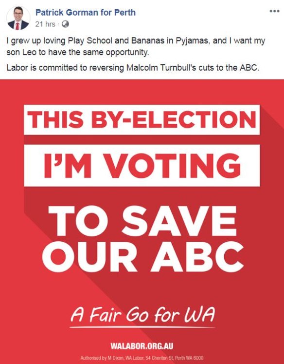 Labor's perth candidate Patrick Gorman circulated this post on social media defending the ABC.