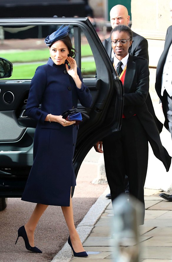 Meghan, Duchess of Sussex arrives ahead of the wedding of Princess Eugenie of York and Jack Brooksbank.