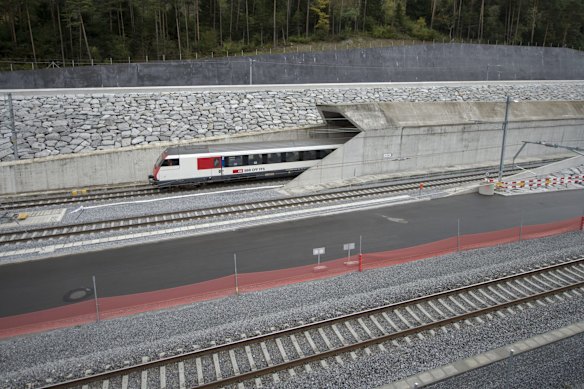 A test train drives close to the northern gate near Erstfeld, Switzerland. 