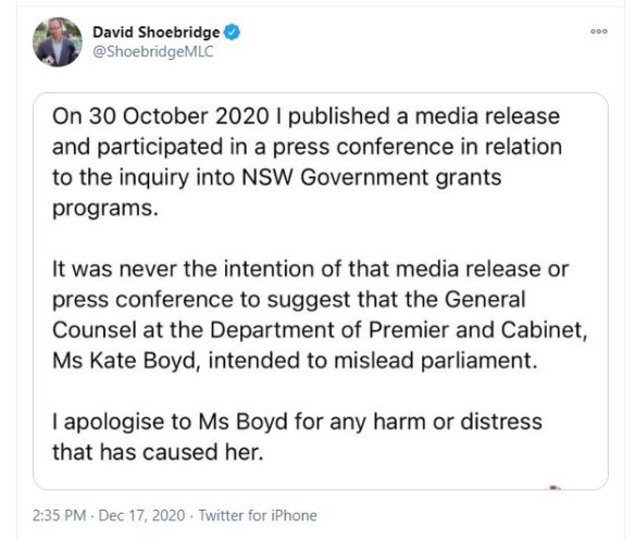 David Shoebridge's tweet.