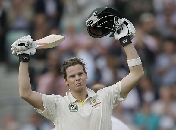 Steve Smith celebrates his century.