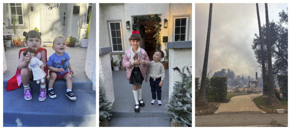 This combination of photos provided by Anna Yaeger shows her daughter and son on the front porch of their Altadena home in 2022, in 2024, and the porch standing after the fire.