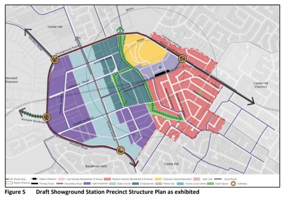 A map of the Showground station precinct, which is roughly bounded by Showground Road, Windsor Road and Parsonage Road.