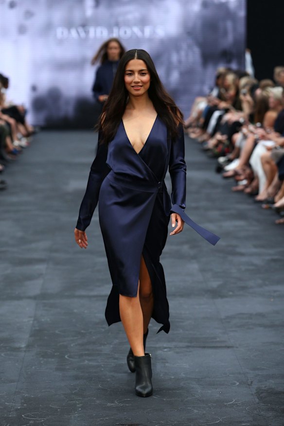 Jessica Gomes showcases designs by Dion Lee in the David Jones Autumn/Winter 2017 Fashion Launch at St Mary's Cathedral, Sydney, on February 1, 2017.